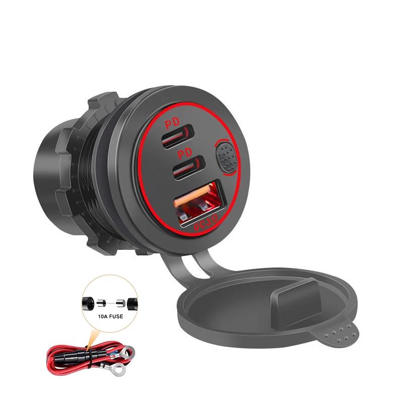 USB C Car Charger Socket 12V USB Outlet 58W RV USB Outlet Dual PD USB-C QC3.0 Car USB Port with Button Switch for Car RV Boat