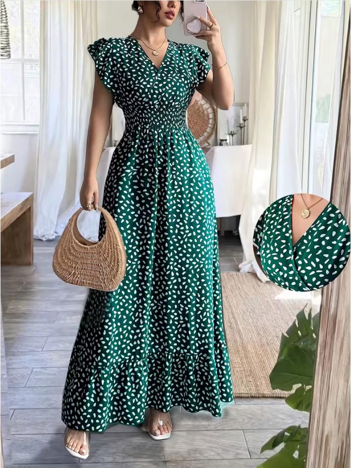 2026 European & American Women's Spring/Summer V-Neck Waist-Cinching Ruffle Long Dress