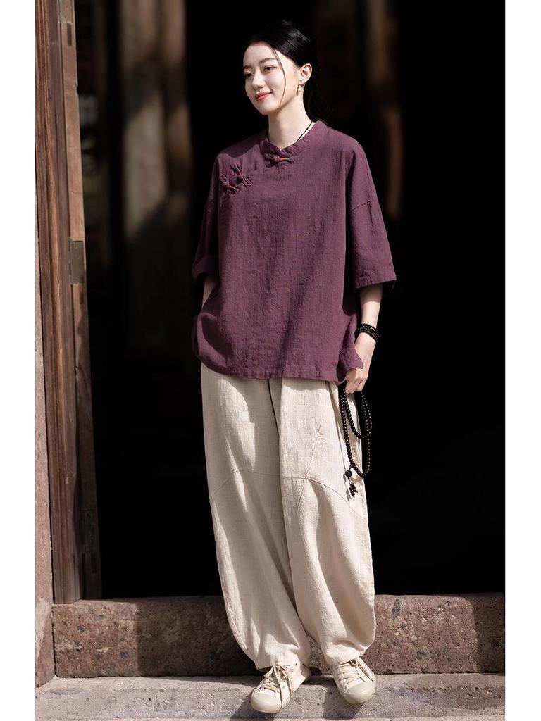 Women’s Retro Chinese Style Short Sleeve Stand Collar Shirt with Frog Button, Loose Ramie Sand-Washed T-shirt – 2024 Spring/Summer Collection