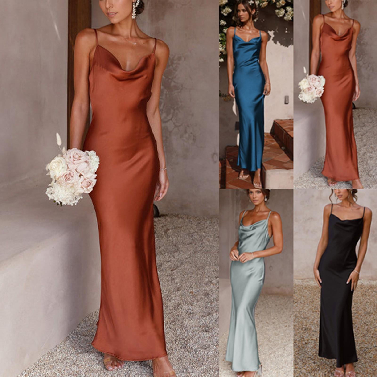 

Summer Dress Satin Spaghetti Strap Cowl Neck Backless Midi Dress Elegant Up Low Back Cocktail Dress S чорний