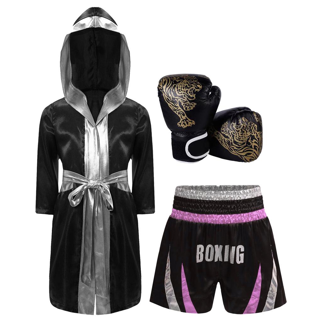 Jungen Boxausrüstung Set: Satin-Bademantel mit Gürtel und metallischem Besatz, Color-Block-Shorts & Tigerprint-Trainingshandschuhe