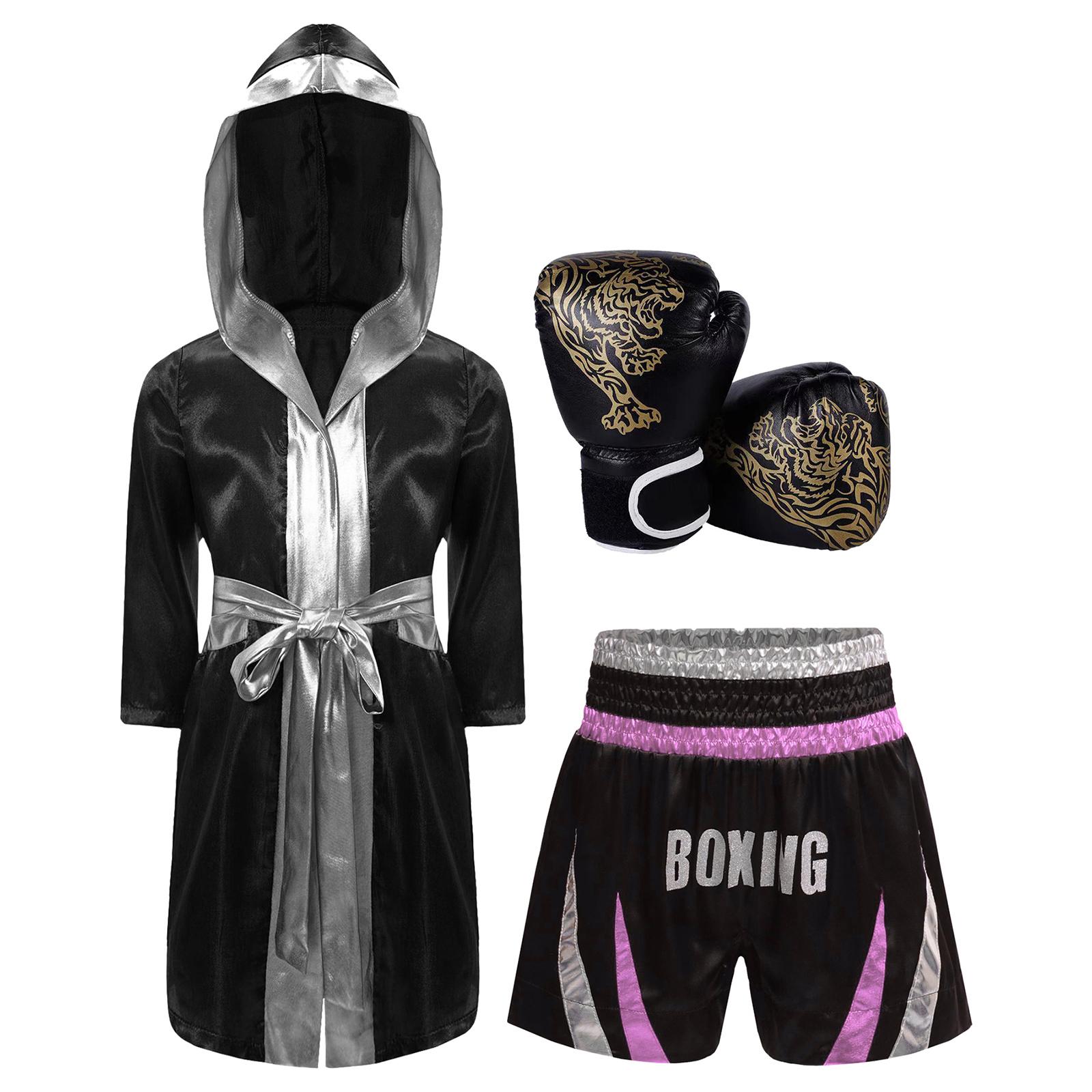 

Boys Boxing Training Outfit Long Sleeve Open Front Metallic Trim Satin Robe Hooded Cloak Shorts Gloves 5-6 Years рожевий/срібний