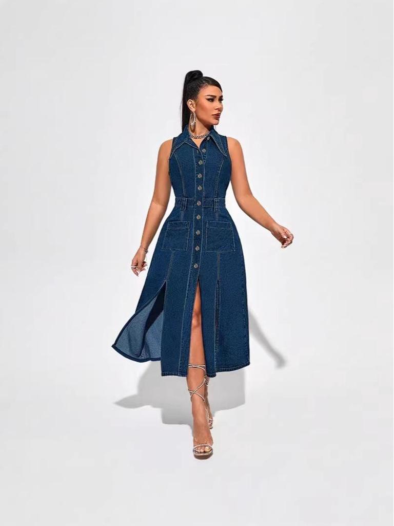 Women's Sleeveless Denim Dress with Split: Fashionable Long Dress