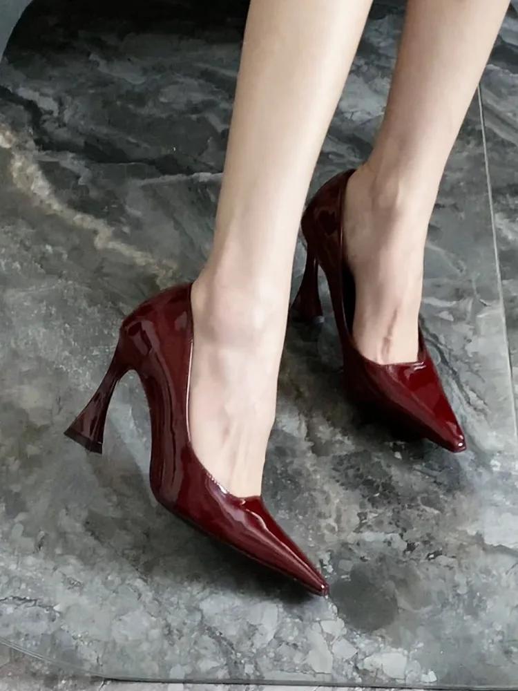 Fashion Women Elegant Wine Red Pumps Shallow Mouth Slip on Chunky High-heeled Shoes Woman Sexy Point Toe Versatile Party Banquet Shoes