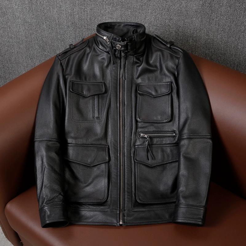 New Genuine Leather Jacket Men M65 Modified Hunting Coat Long Size Motorcycle Outerwear Autumn Winter