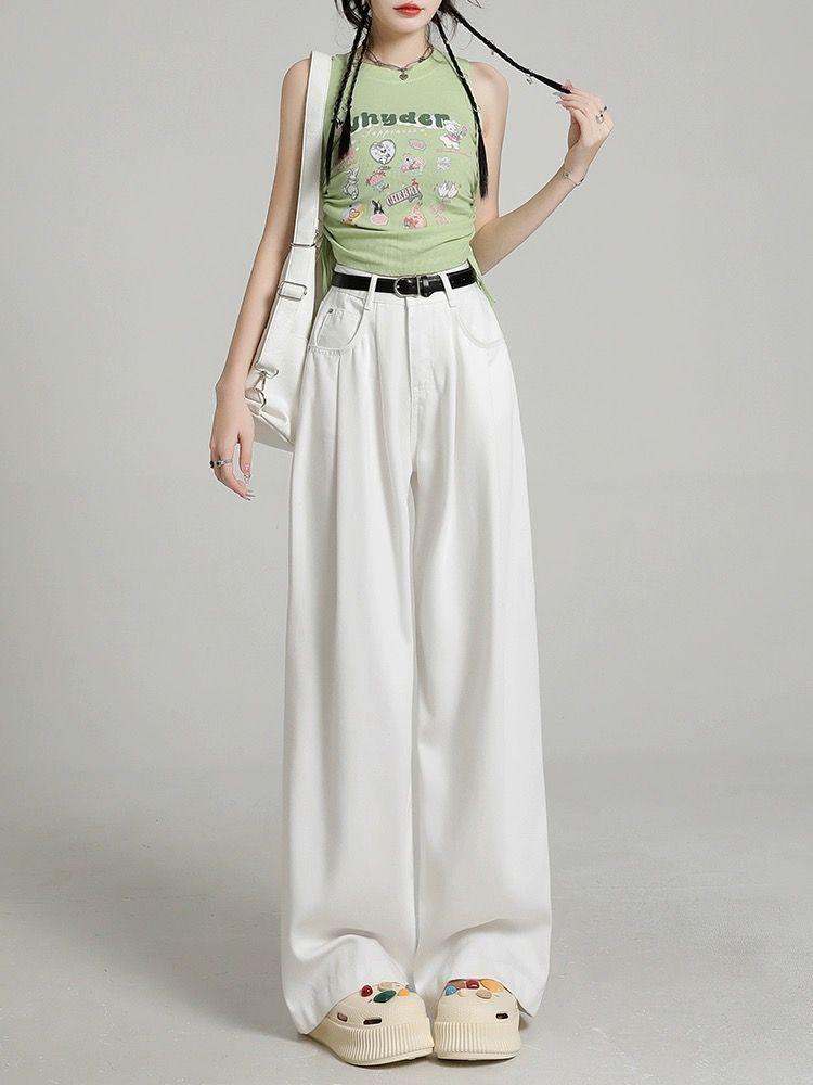 

White High-Waisted Wide-Leg Pleated Jeans for Women - Slimming, Loose Fit, Floor-Length Pants for Autumn/Winter Extra Small
