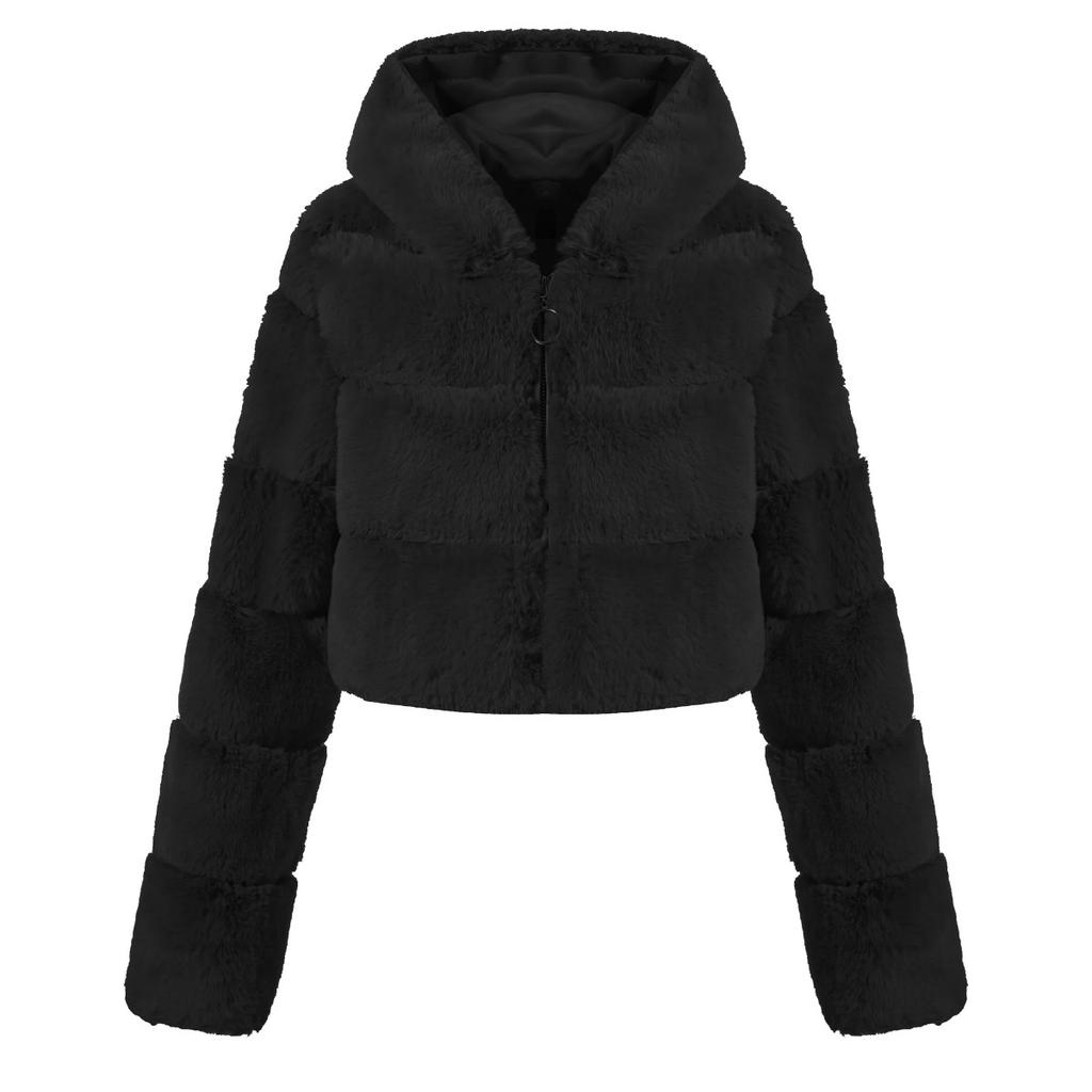 Y2k Streetwear Women Autumn Winter Faux Fur Coat Hooded Cropped Jacket Fur Coat Long Sleeve Cardigan Soft Tops Vintage Harajuku