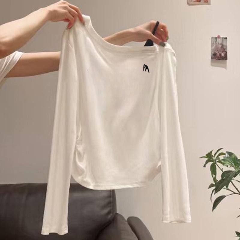 Korean Style One-Shoulder Long-Sleeve T-Shirt for Women - Autumn Waist-Cinched Slimming Versatile Base Layer Top Large