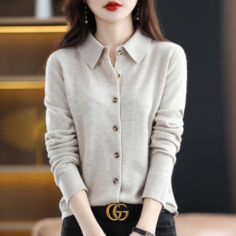 Korean-Style Women's Loose Cashmere Knitted POLO Cardigan Sweater