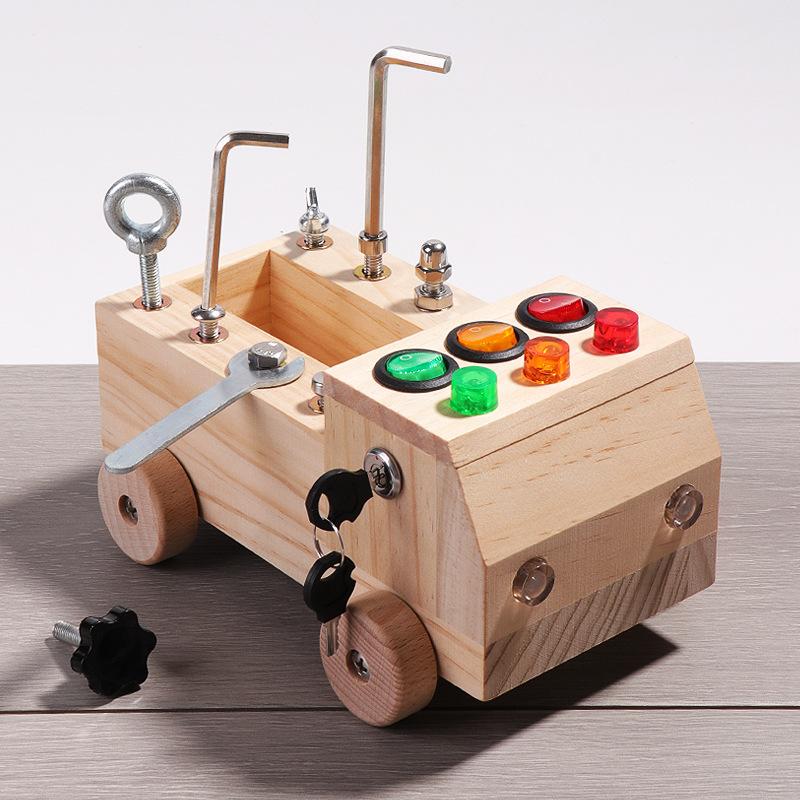 Wooden Montessori Busy Board Sensory Toys Switch Control Box LED Light Tool Cart Screw Game Early Learning Toy for 2-4 Years Old