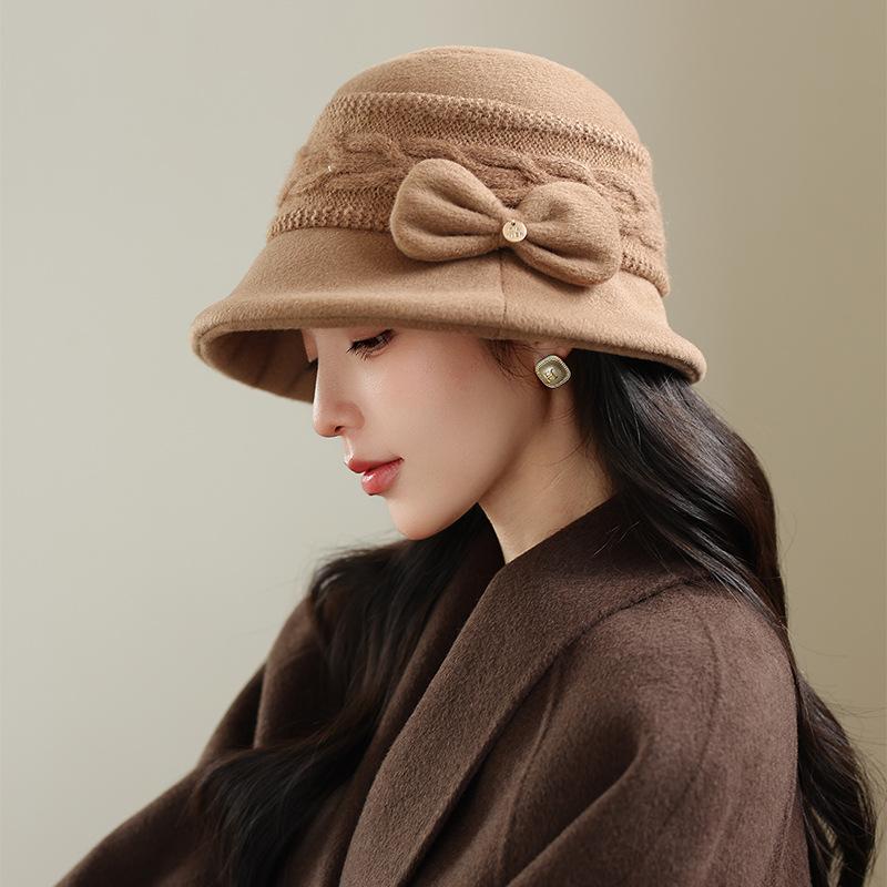 Women S Vintage Bowknot Bucket Hat Warm Fall Winter Elegant Face Slimming Hat