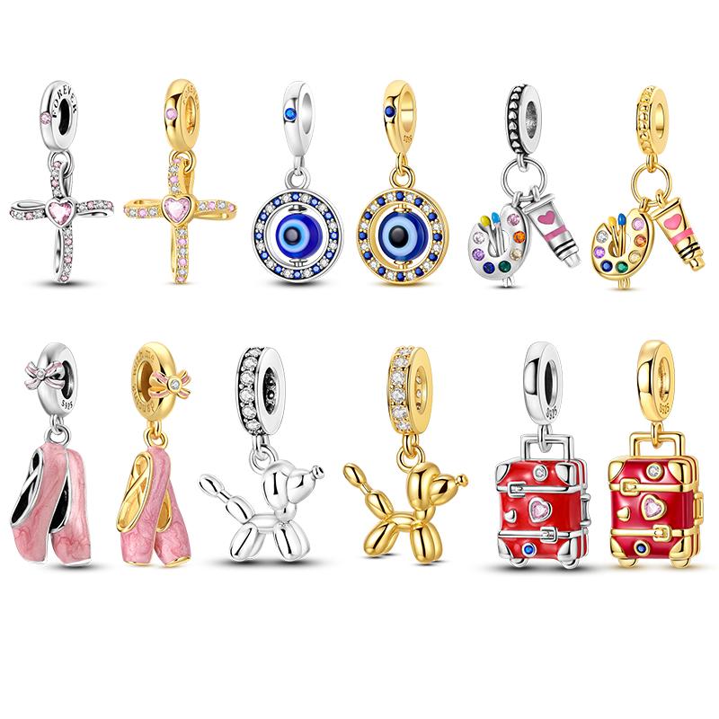 Copper Golden Charm Bead Suitcase Cross Evil Eye Ballet Shoes Dangle For Women Girls Genuine Bracelets DoItYourself Gift