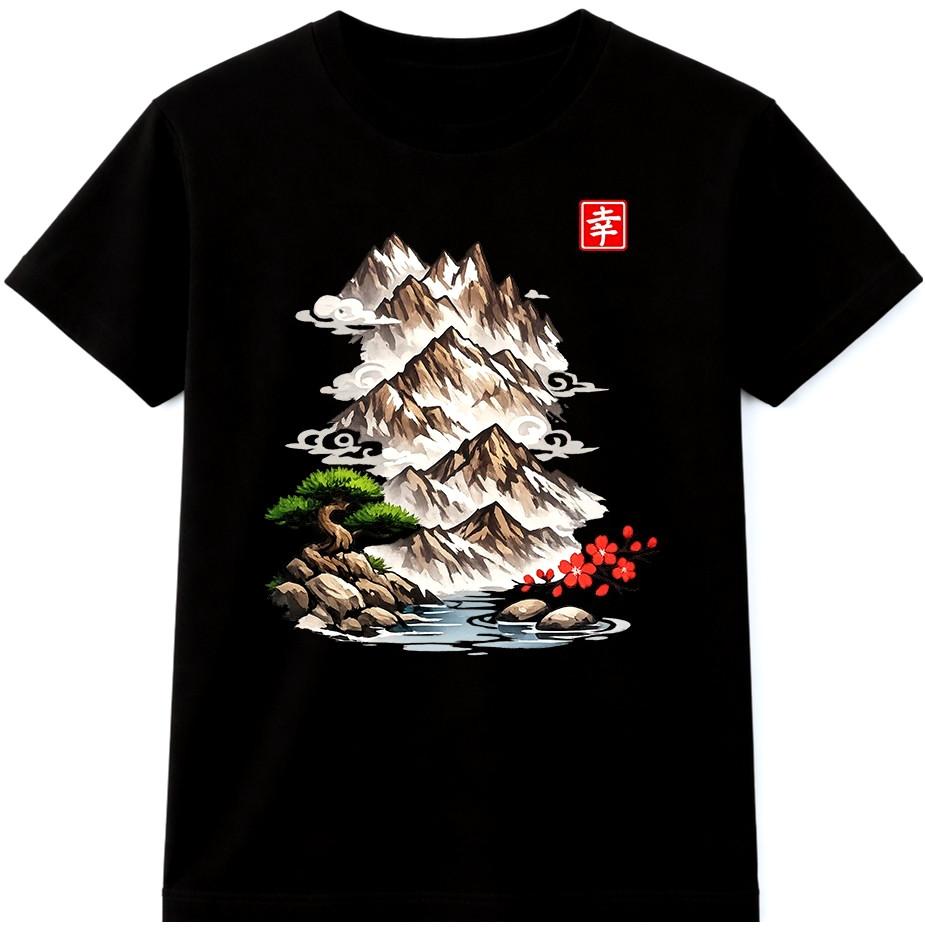Japanese Mountain T Shirt Sakura Bonsai Landscape Art Graphic Tee Vintage Style S разноцветный
