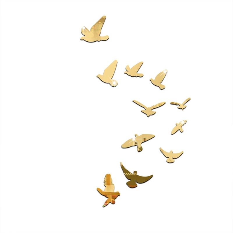 11Pcs Peace Dove Bird Shaped Acrylic Gold Sliver Mirror Stickers Wall Sticker Home Decoration Bedroom Living Room Decor