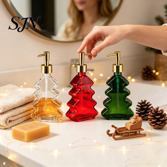 Glass Hand Soap Pump 300ml Christmas Tree Dispenser, Dish Dispenser with Pump, Hotel Guest Room Supplies Xmas Decorative Empty Bottle for Soap,