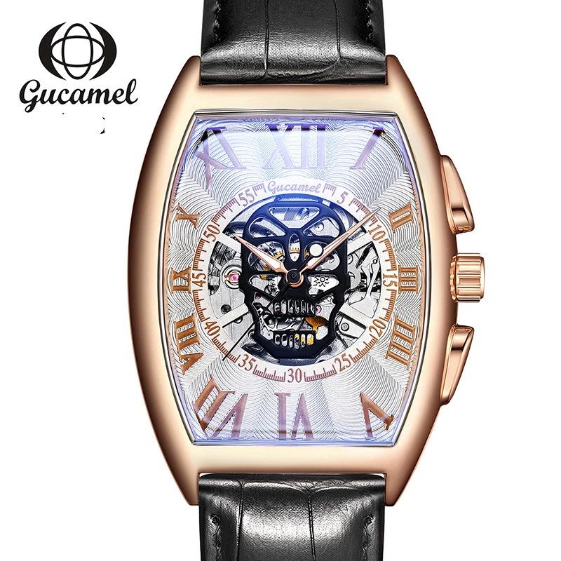 Top brand new wine barrel European and American men's fashion skull hollow automatic mechanical watch men's watch