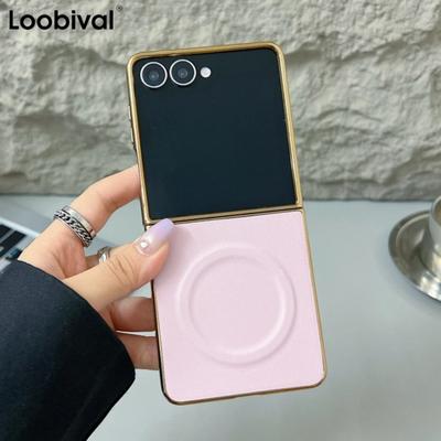 Luxury Busine Sle Bla Magnetic Leather Phone Case for Samsung Galaxy Z Flip 7 6 5 4 3 Slim Plating Frame Wireless Charging Shockproof Protect Cover