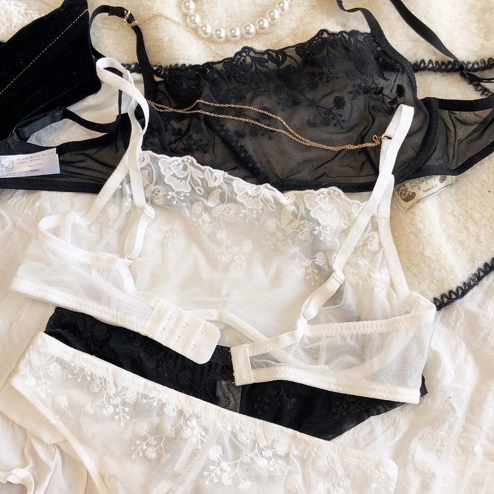 Sexy Lace Flower Embroidery Lingerie Set for Women French Ultra-thin Mesh Transparent Bra Detachable Decoration Chain Underwear