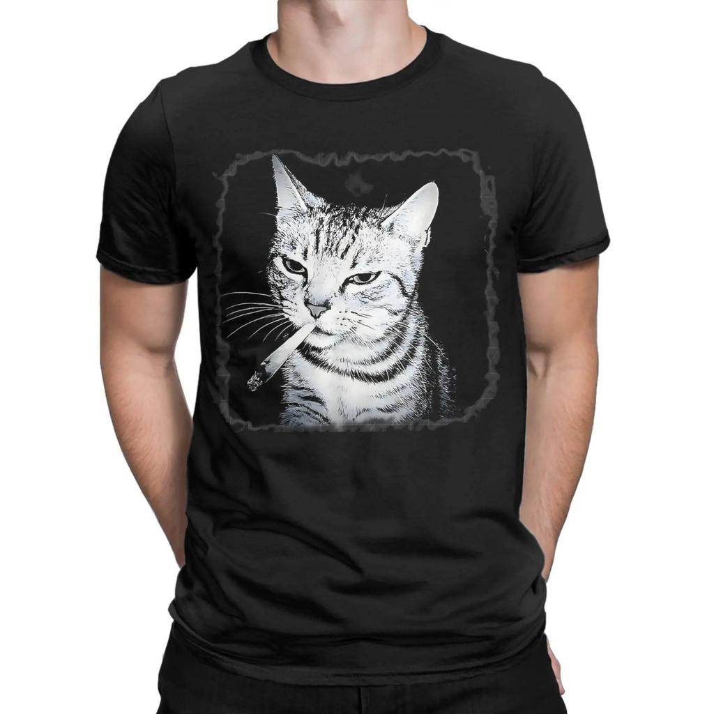 Men T-Shirt Smoking Cat Vintage Chonky Cats Retro 90s Amazing 100% Cotton Tees Short Sleeve T Shirt Crewneck Clothes Printed