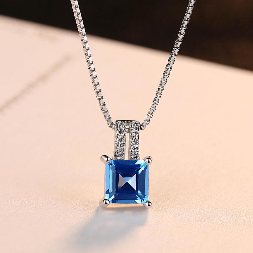 PAG&MAG Sky Blue Gem Pendant S925 Silver Necklace for Women with Box Chain - European & American Fashion Jewelry.
