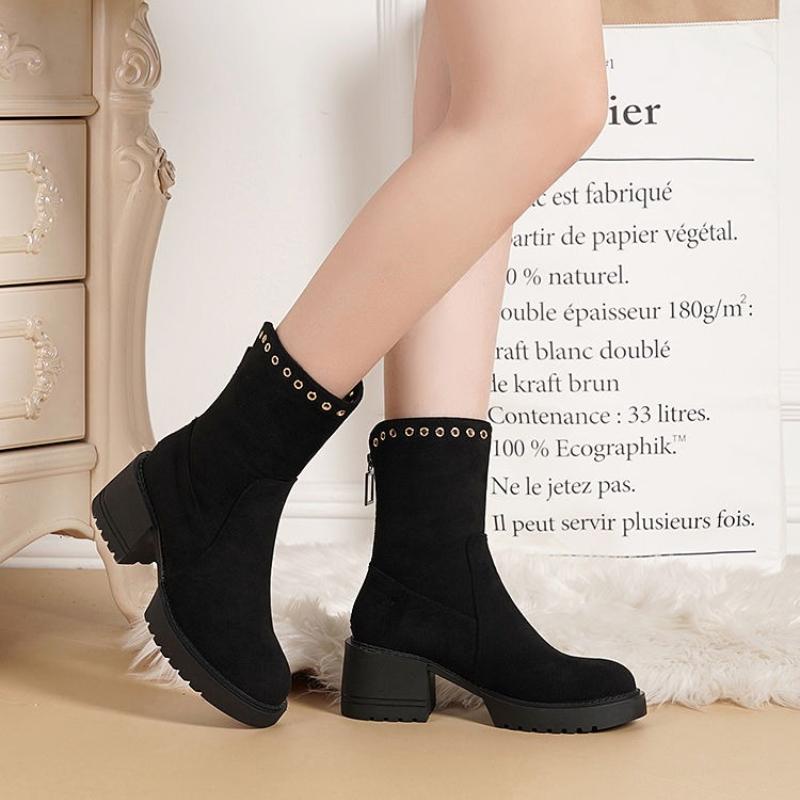Fashion Black Chunky High Heels Women's Snow Boots Winter Fleece-lined Booties Comfortable and Elegant Fashion Ladies Shoes on Promotion
