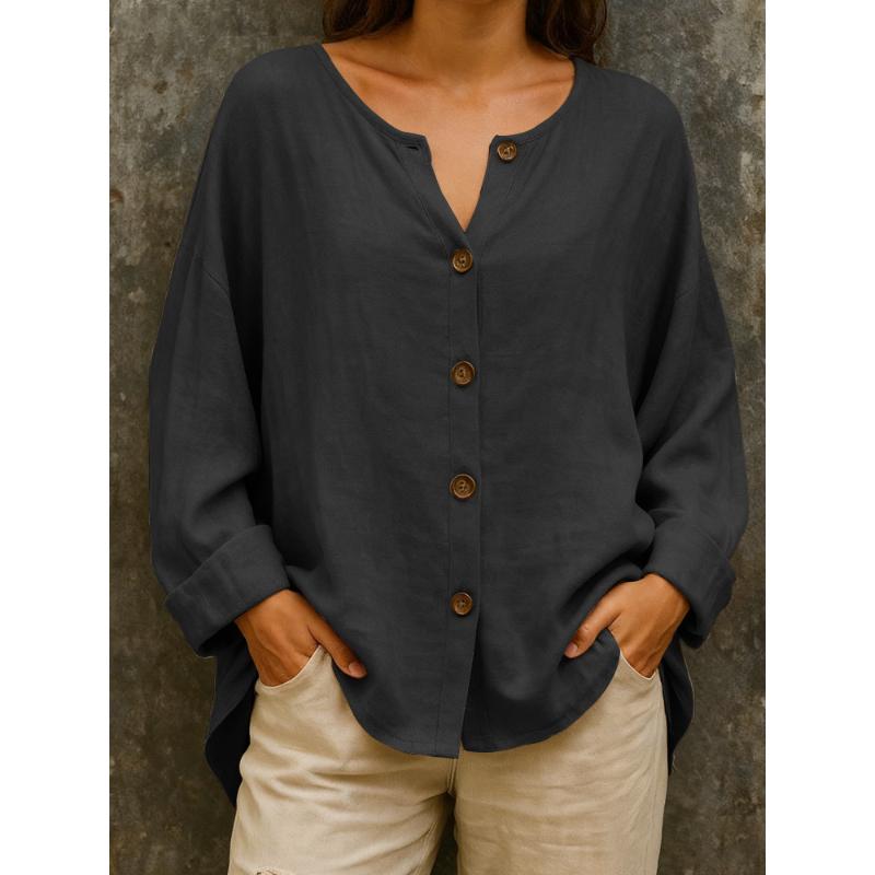 Damen V-Ausschnitt Knopfleiste Bluse Oversize Leinenmischung Freizeithemd