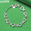 925 Sterling Silver Antique Heart-Shaped Side Chain Romantic Bracelet Gift Jewelry