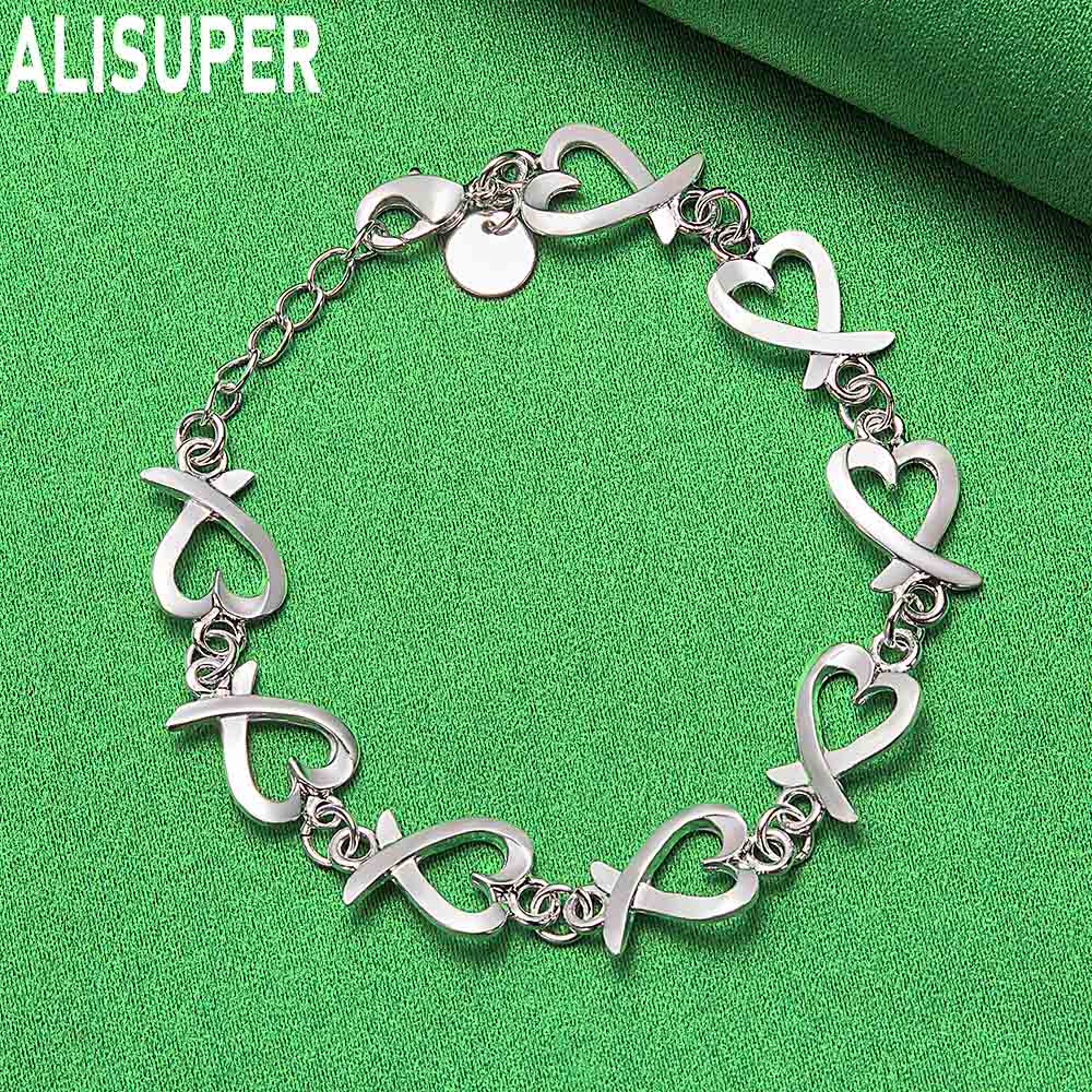 925 Sterling Silver Antique Heart-Shaped Side Chain Romantic Bracelet Gift Jewelry