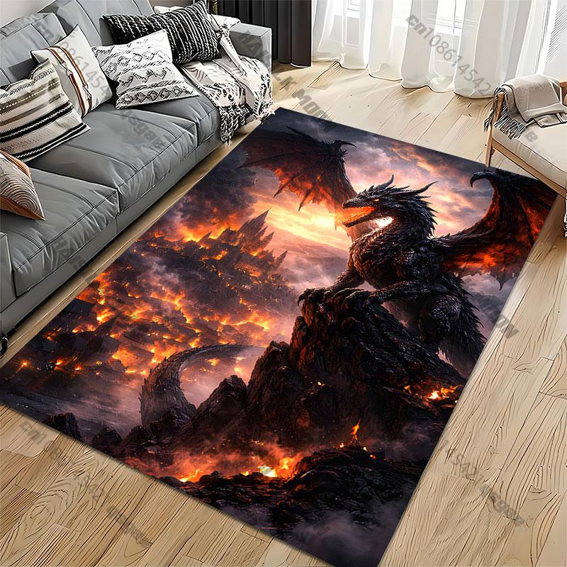 Dragon destruction fire chaos city carpet Yoga living room room decor children's crawling mat doormat area rug games mat