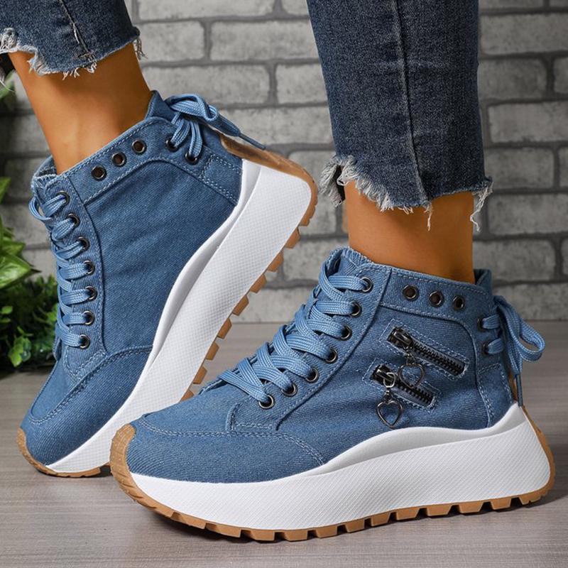 Fashion 2025 New Lace Up Denim Sneakers Women Spring Autumn Zipper Decoration Sports Shoes Woman Chunky Heel High Top Causal Shoes Mujer