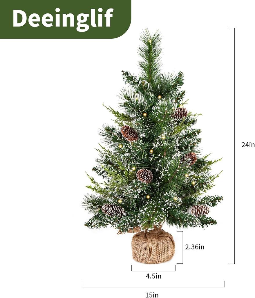 deeinglif 2ft Mini Christmas Tree with LED Lights, Pine, Branches, Cones, Cloth Bag Base – Holiday Decor