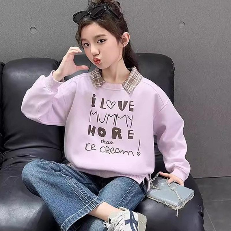 Girls Faux Two Piece Sweatshirt Spring Autumn Thin Long Sleeve Jacket For Big Kids Students 120 фиолетовый