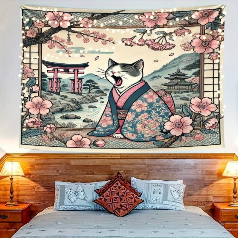 VIKAMA Japanese Sakura Cat Tapestry Ukiyoe Cherry Blossom Torii Gate Wall Hanging Aesthetic Asian Decor for Bedroom
