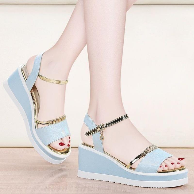 Soft Leather Sandals Women's Summer New Wedge Heel Sandals Versatile Comfortable Medium Heel Thick Sole Korean Version of High Heel Women's Shoes Tide