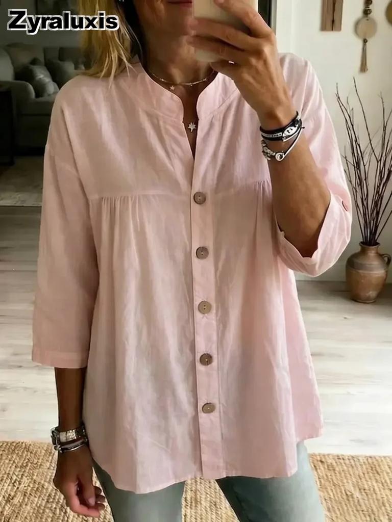 New Spring/Summer Cotton Linen Shirt for Women, Fashion Casual Retro Vintage Art Style Pure Color Short Sleeve Top