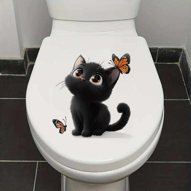 3D Cute Black Cat Butterfly Kawaii Toilet Wall Sticker Self-Adhesive Waterproof Removable Bathroom Home Decor Art