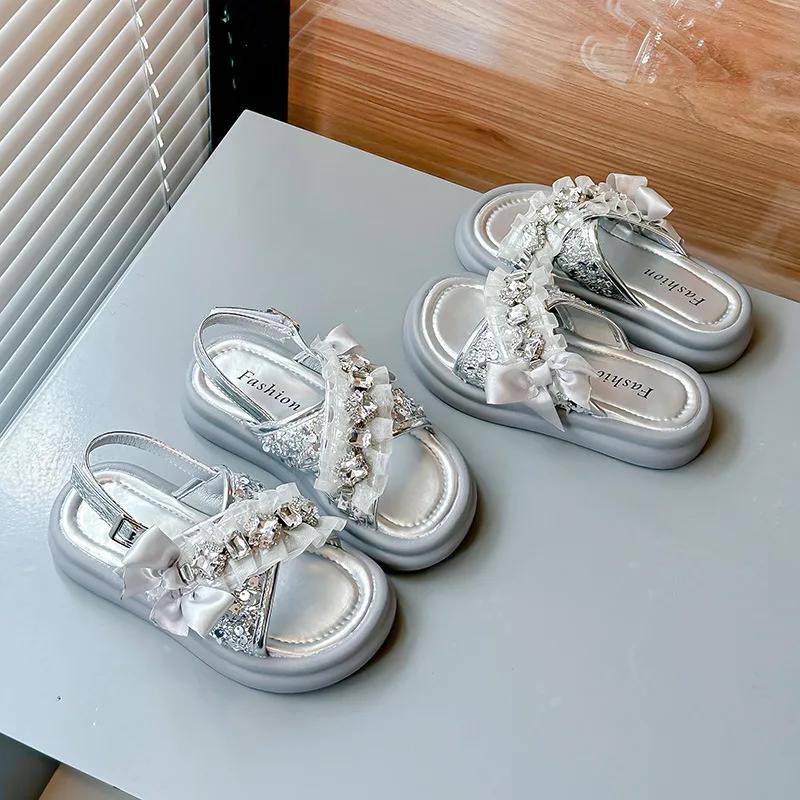 Girls Beach Shoes with Shiny Crystal Kids Fashion Soft Slippers/Sandals for Vacation Girls' Princess Shoes Elegant Temperament