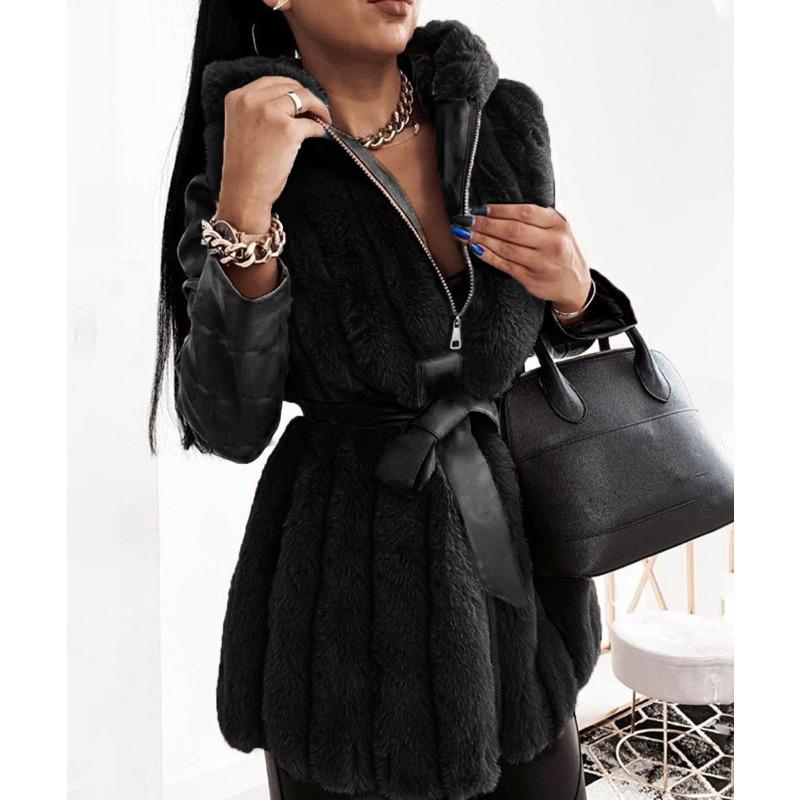 

5 Осенне-зимние новинки женская куртка из искусственного меха с капюшоном и сборкой на талии, топ, теплое пальто XXL чёрный