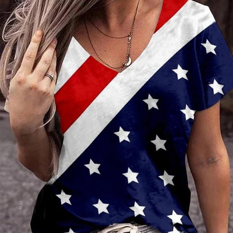 Summer V-neck 3D American Flag Printed Top Fashionable Casual Short Sleeved Women's T-shirts