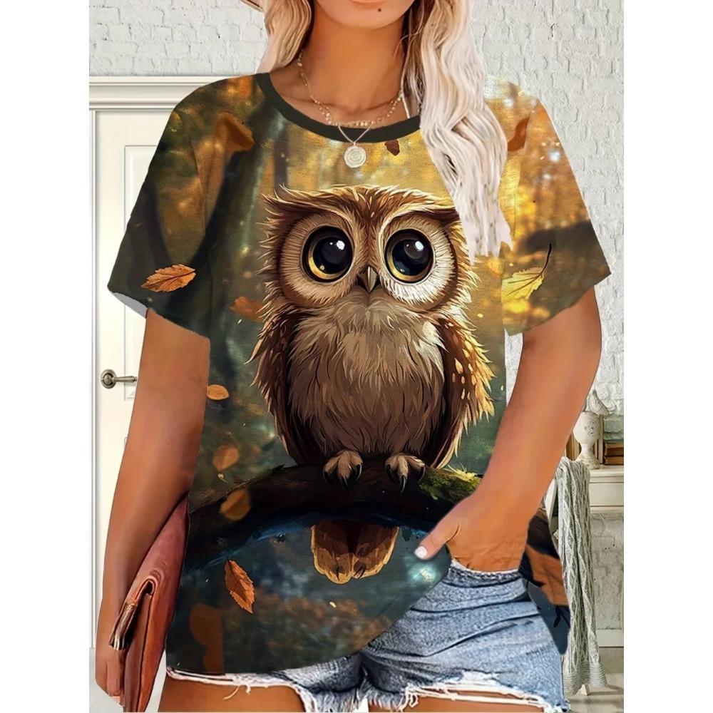 Ladies Fashionable Comfortable Printed Animal T-shirt Interesting Animal Owl Bird Patterns Loose Breathable Large Size Short Sleeved T-shirt