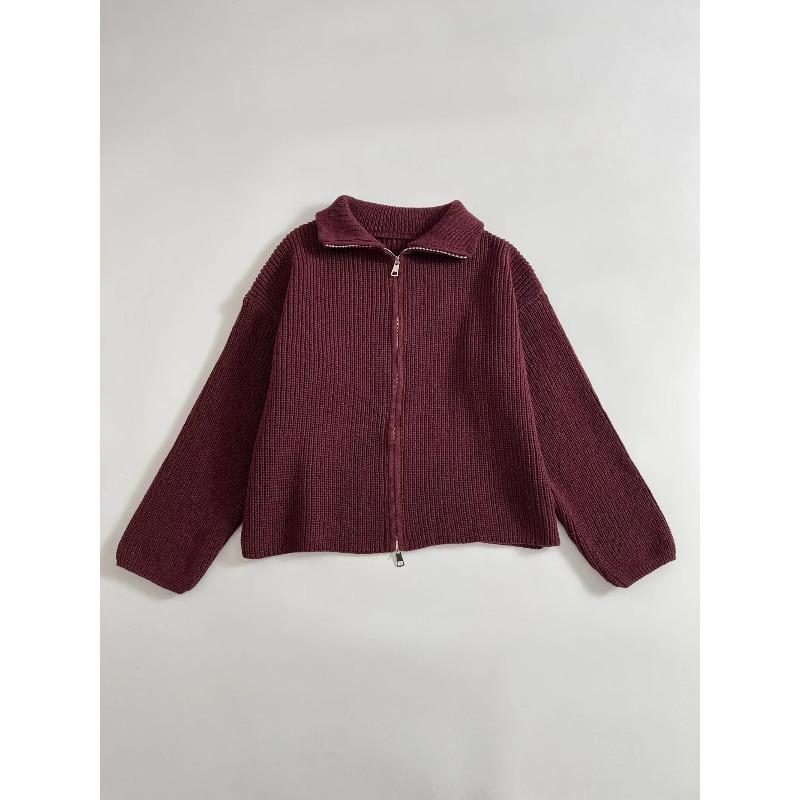 Frühling Damen Locker Fauler Stil Pullover Cardigan Ausgestellter Revers Langarm Doppelkettenstreifen Strickmantel