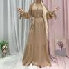 Fashion Long Sleeve Muslim Dress Solid Color Elegant Women's Modest Wear Clothing Lace Up Turkey Kaftan Eid Robes