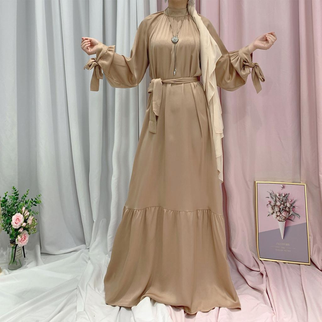 Fashion Long Sleeve Muslim Dress Solid Color Elegant Women's Modest Wear Clothing Lace Up Turkey Kaftan Eid Robes