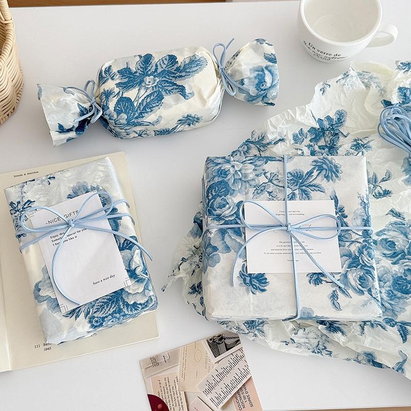 10Pcs Wrapping Paper For Flower Bouquet Present Packaging Latest Chinese Style Peony Blue Floral Arrangements Gifts Packaging Paper