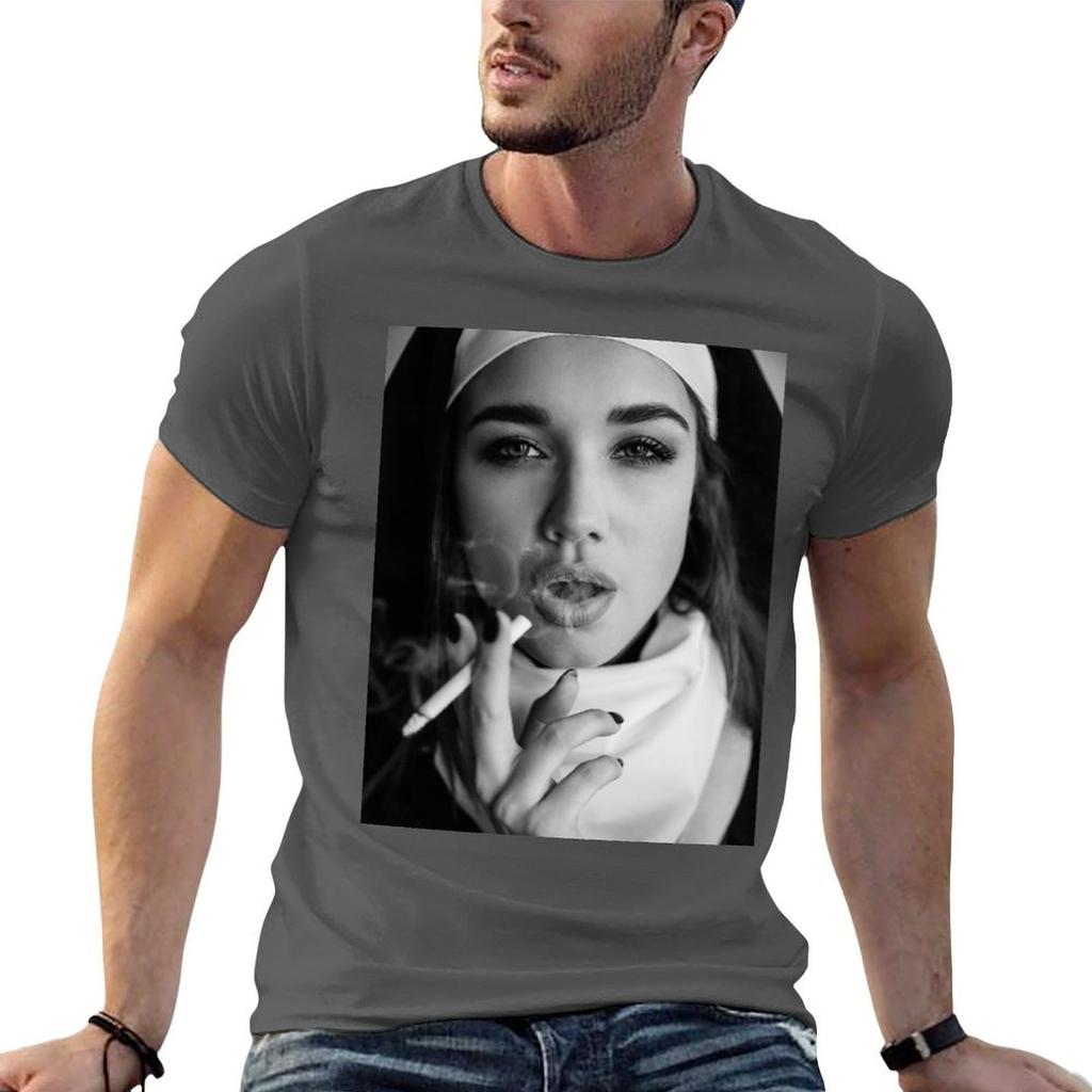 Nun smoking Portrait of a smoking young nun TShirt Plus Size All Match Tee Shirt