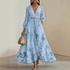 Women's Floral Print Pleated Maxi Dress V Neck Long Sleeve Wedding Guest Dress Spring Flowy Party Cocktail Dress