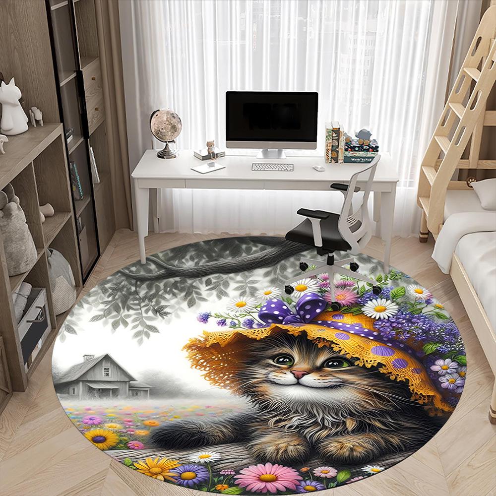 1pc Floral Hat CatChair Carpet for Office, Indoor Non-Slip Washable Polyester Fiber Carpet, Mat For Office, Machine Washable