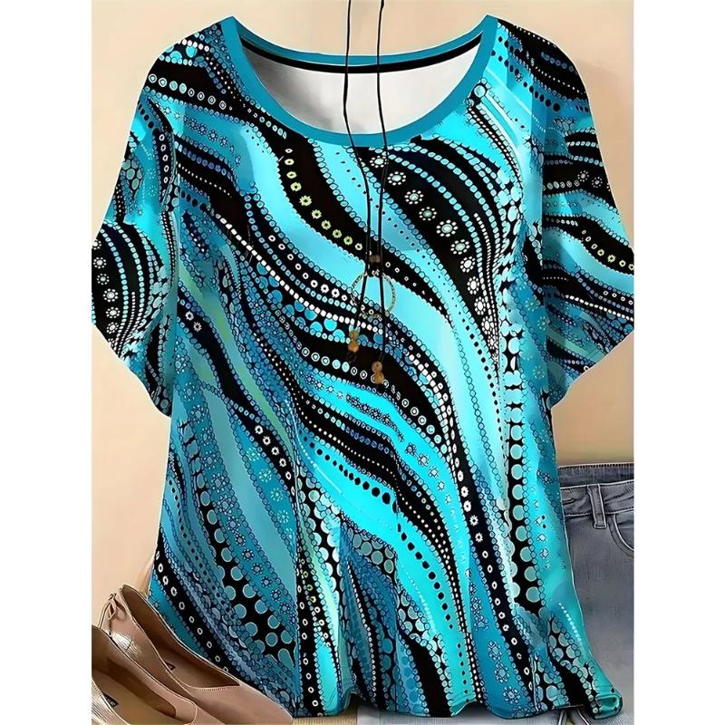 Fashion Women's Crew Neck T-Shirt 3D Flower Color Printing Flower Short Sleeve Comfortable Short Sleeve