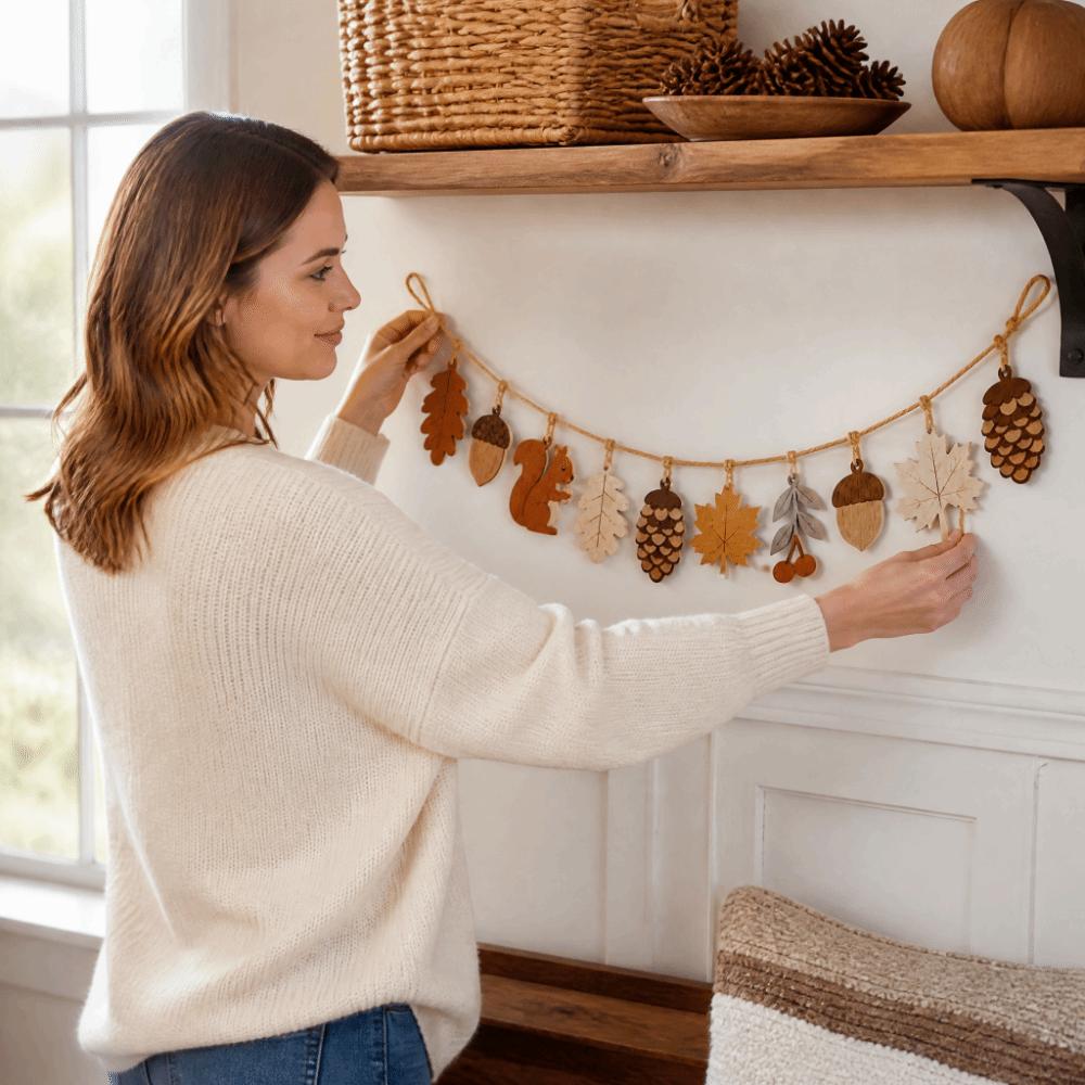 10 Stück 2D Flachfall Holzgirlande Banner DIY Basteln Herbstblatt Hängende Dekoration Kamin Regal