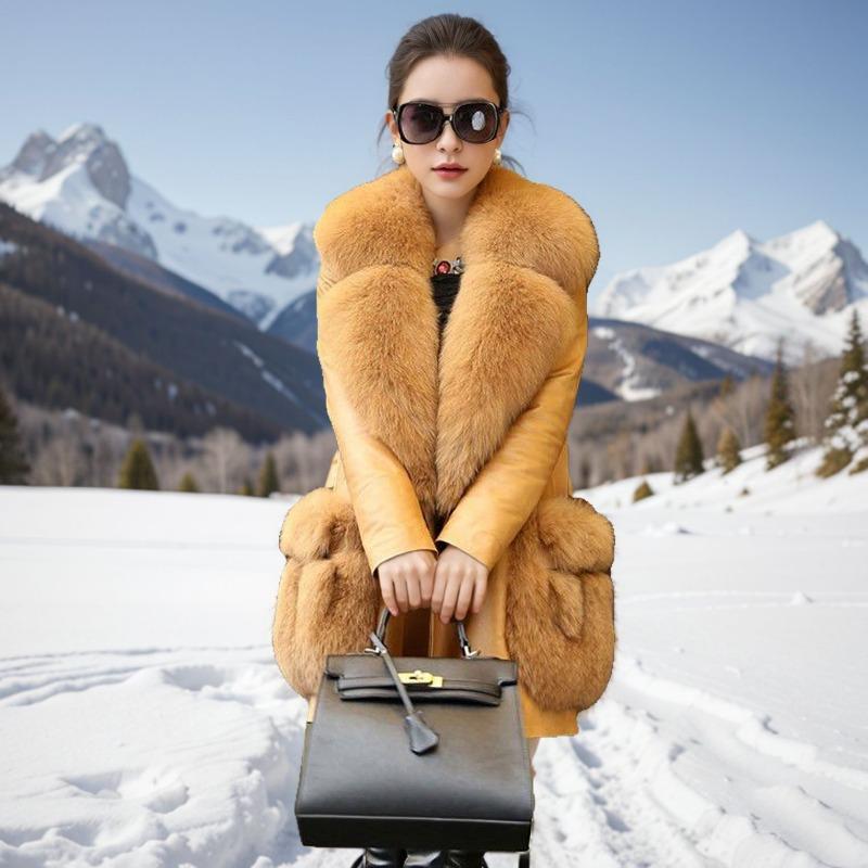 Leather jacket women's fur medium and long coat jacket with cotton environmentally friendly fox fur trench coat large size autumn and winter